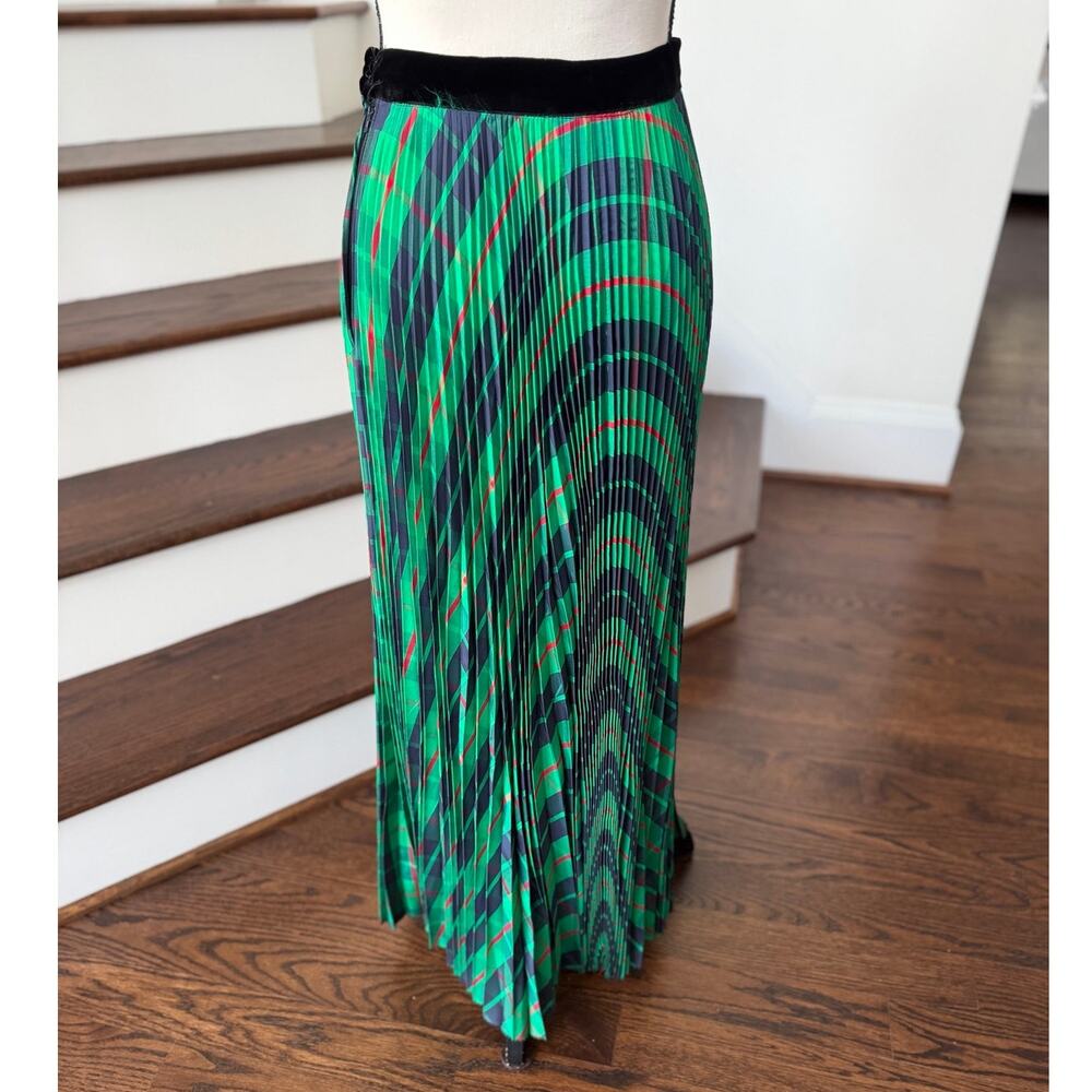 Vintage 70s Emerald Green Blue Red Tartan Plaid Velvet Pleat Maxi Skirt